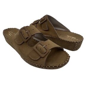 La Plume Brown Leather Slide Wedge Slip On Sandals Size 40 Women's